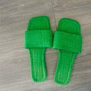 Green Plush Slide Slippers